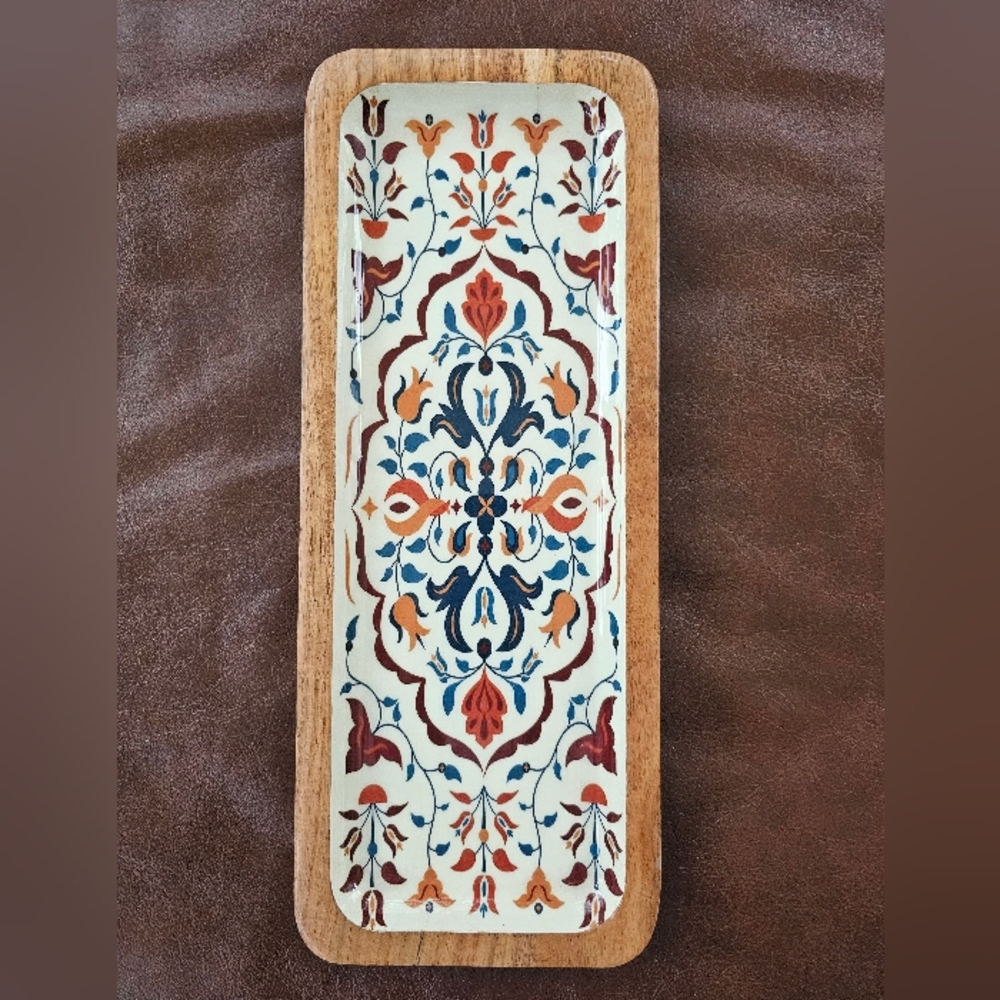 Acacia Wood Serving Tray Turkish Ottoman Floral Print Astrid P. Designs NWOT
